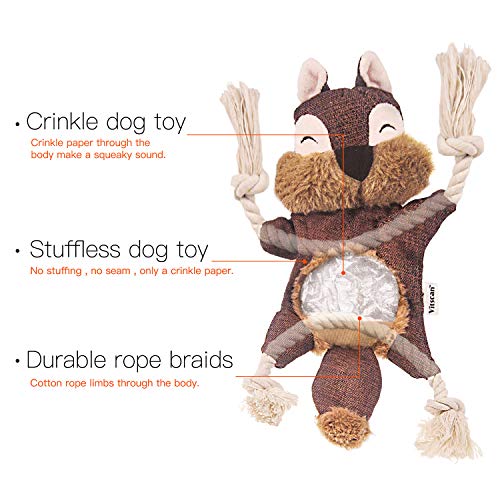 Stuffless Dog Toys for Puppy, Crinkle Squeaky Dog Chew Toys Squirrel Plush Dog Toy with Rope Knots for Small Dogs (Squirrel)