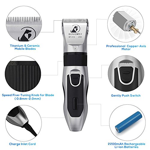 Dog Grooming Clippers - Cordless Quiet Pet Hair Clippers Trimmer Rechargeable with Stainless Steel Blades Dog Comb Shears Best Professional Hair Clipper Set for Dogs Cats Pets Long Short Hair