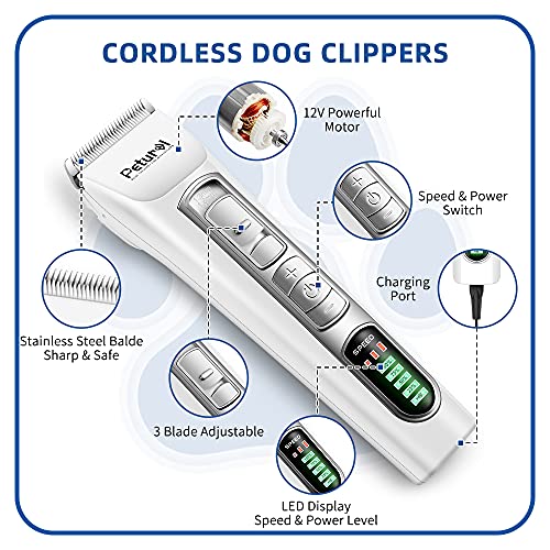 Petural Pet Hair Clippers-Dog Grooming Clippers Powerful-3 Speed Cordless Dog Clippers for Grooming Rechargeable-Professional Dog Trimmers Clippers-Heavy Duty for Small/Medium/Large Dogs&Pets