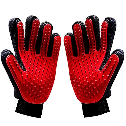 [Upgrade Version] Pet Grooming Glove - Gentle Deshedding Brush Glove - Efficient Pet Hair Remover Mitt - Enhanced Five Finger Design - Perfect for Dog & Cat with Long & Short Fur - 1 Pair (Red)