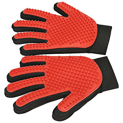 [Upgrade Version] Pet Grooming Glove - Gentle Deshedding Brush Glove - Efficient Pet Hair Remover Mitt - Enhanced Five Finger Design - Perfect for Dog & Cat with Long & Short Fur - 1 Pair (Red)
