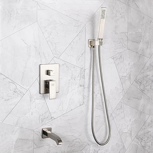 POP Brushed Nickel Wall Mounted Tub Faucet with Hand Shower Bathroom Wall Mount Tub Filler Spout Single Handle Solid Brass Bathtub Faucet with Handheld Shower for Bath