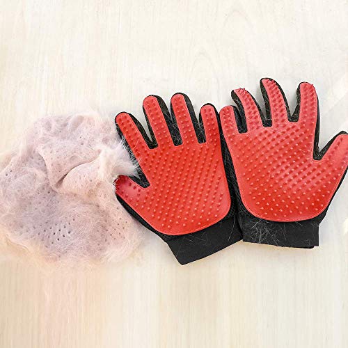 [Upgrade Version] Pet Grooming Glove - Gentle Deshedding Brush Glove - Efficient Pet Hair Remover Mitt - Enhanced Five Finger Design - Perfect for Dog & Cat with Long & Short Fur - 1 Pair (Red)