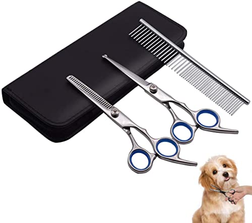 PetQoo Dog Grooming Scissors with Safety Round Tips, Heavy Duty Titanium Pet Grooming Trimmer Kit, Professional Thinning Shears, Straight Scissors with Comb for Large and Small Dogs and Cats