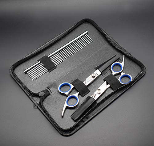 PetQoo Dog Grooming Scissors with Safety Round Tips, Heavy Duty Titanium Pet Grooming Trimmer Kit, Professional Thinning Shears, Straight Scissors with Comb for Large and Small Dogs and Cats