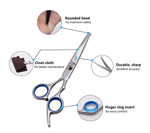 PetQoo Dog Grooming Scissors with Safety Round Tips, Heavy Duty Titanium Pet Grooming Trimmer Kit, Professional Thinning Shears, Straight Scissors with Comb for Large and Small Dogs and Cats