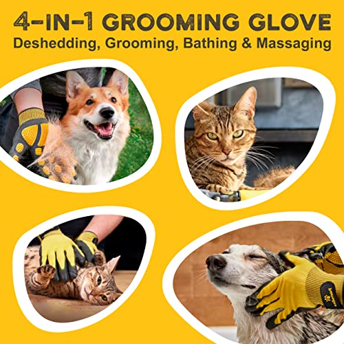 Pet Grooming and Bathing Gloves - Effective Pet Hair Remover for Cats, Dogs & Horses - Long & Short Fur - Enhanced Nubs Design Captures 2X More Hair