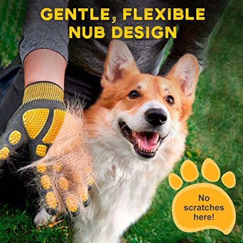 Pet Grooming and Bathing Gloves - Effective Pet Hair Remover for Cats, Dogs & Horses - Long & Short Fur - Enhanced Nubs Design Captures 2X More Hair