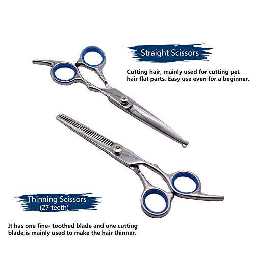 PetQoo Dog Grooming Scissors with Safety Round Tips, Heavy Duty Titanium Pet Grooming Trimmer Kit, Professional Thinning Shears, Straight Scissors with Comb for Large and Small Dogs and Cats