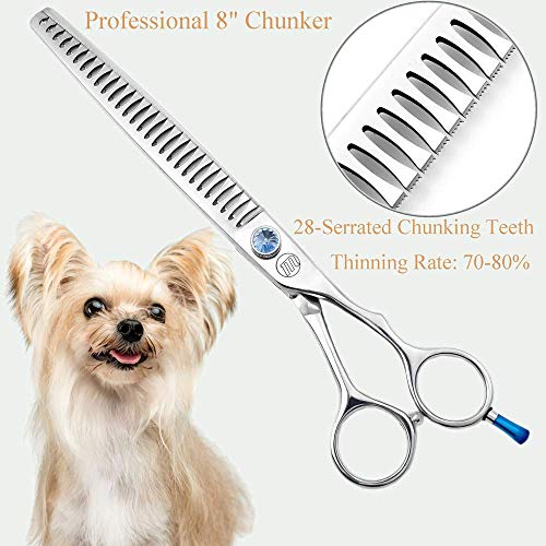 Moontay Professional Dog Grooming Straight, Curved, Thinning/Blending/Chunking Scissors Kit, JP-440C Stainless Steel Pet Cat Hair Cutting/Trimming Shears, Silver (8" (28-Serrated Tooth))