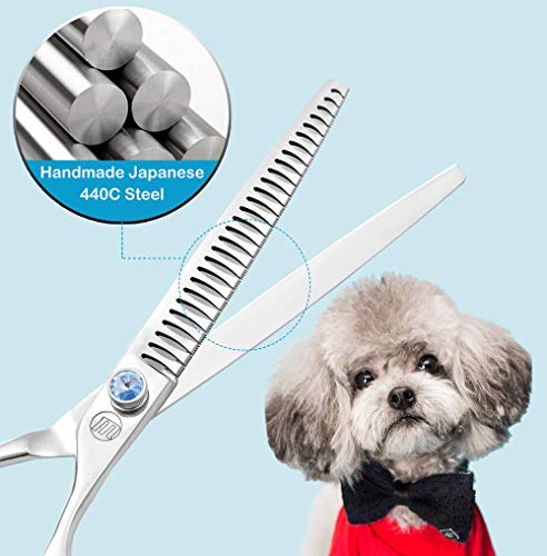 Moontay Professional Dog Grooming Straight, Curved, Thinning/Blending/Chunking Scissors Kit, JP-440C Stainless Steel Pet Cat Hair Cutting/Trimming Shears, Silver (8" (28-Serrated Tooth))