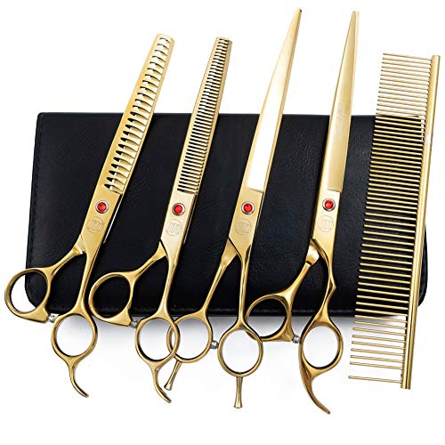 Moontay Professional Dog Grooming Scissors Set, 7 Inch/8 Inch Pet Grooming Scissors Chunkers Shears for Dog, Curved Dog Grooming Scissors, Thinning Shears for Dog with Grooming Comb