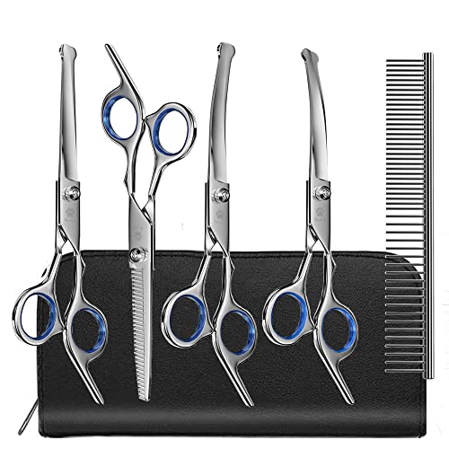 MAOCG Dog Grooming Scissors Set, Safety Round Blunt Tip Grooming Tools, Professional Curved,Thinning,Straight Scissors with Comb,nail cliper and nail file,Grooming Shears for Dogs and Cats.