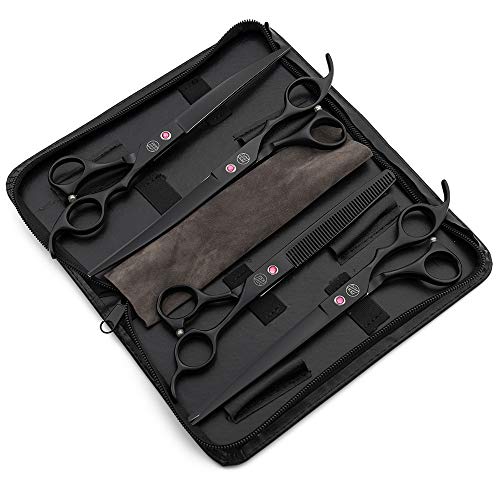 Moontay Professional 8.0" Dog Grooming Scissors Set, 4-pieces Straight, Upward Curved, Downward Curved, Thinning/Blending Shears for Dog, Cat and Pets, JP Stainless Steel, Black