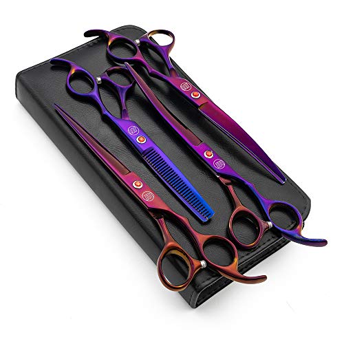 Moontay Professional 7.0" Dog Grooming Scissors Set, 4-pieces Straight, Upward Curved, Downward Curved, Thinning/Blending Shears for Dog, Cat and Pets, JP Stainless Steel, Purple