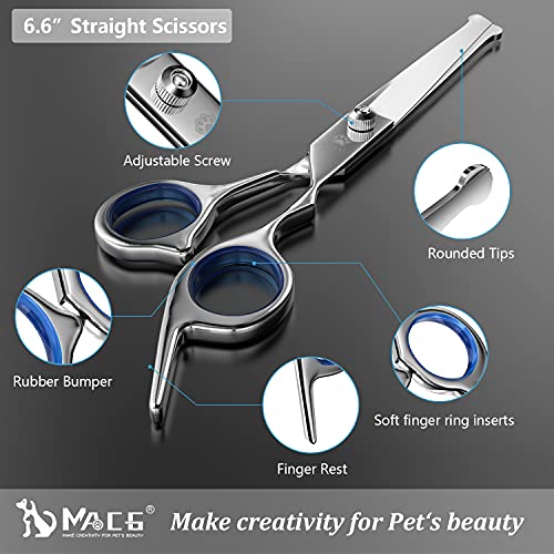 MAOCG Dog Grooming Scissors Set, Safety Round Blunt Tip Grooming Tools, Professional Curved,Thinning,Straight Scissors with Comb,nail cliper and nail file,Grooming Shears for Dogs and Cats.