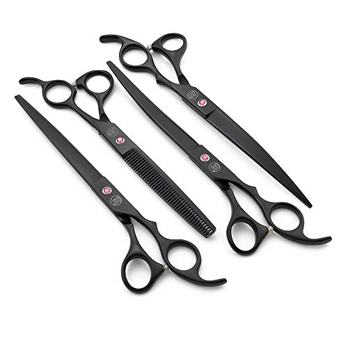 Moontay Professional 8.0" Dog Grooming Scissors Set, 4-pieces Straight, Upward Curved, Downward Curved, Thinning/Blending Shears for Dog, Cat and Pets, JP Stainless Steel, Black