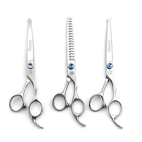 Moontay Professional Dog Grooming Straight, Curved, Thinning/Blending/Chunking Scissors Kit, JP-440C Stainless Steel Pet Cat Hair Cutting/Trimming Shears, Silver