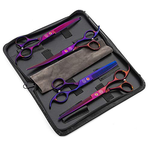 Moontay Professional 7.0" Dog Grooming Scissors Set, 4-pieces Straight, Upward Curved, Downward Curved, Thinning/Blending Shears for Dog, Cat and Pets, JP Stainless Steel, Purple