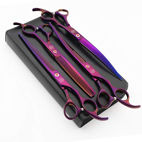Moontay Professional 8.0" Dog Grooming Scissors Set, 4-pieces Straight, Upward Curved, Downward Curved, Thinning/Blending Shears for Dog, Cat and Pets, JP Stainless Steel, Purple