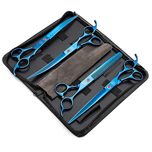 Moontay Professional 8.0" Dog Grooming Scissors Set, 4-pieces Straight, Upward Curved, Downward Curved, Thinning/Blending Shears for Dog, Cat and Pets, JP Stainless Steel, Blue