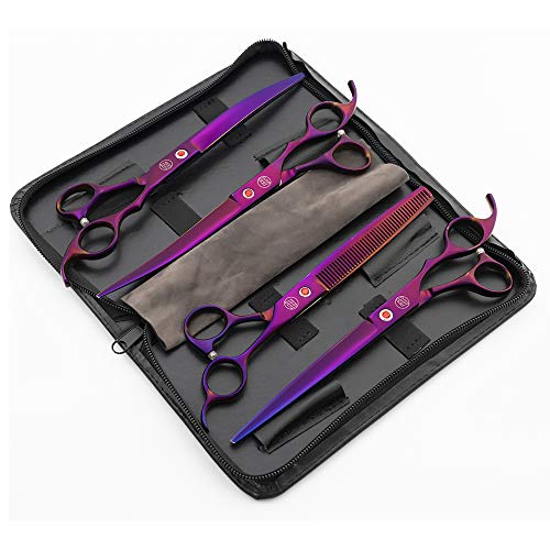 Moontay Professional 8.0" Dog Grooming Scissors Set, 4-pieces Straight, Upward Curved, Downward Curved, Thinning/Blending Shears for Dog, Cat and Pets, JP Stainless Steel, Purple