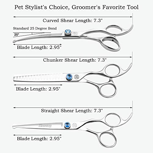 Moontay Professional Dog Grooming Straight, Curved, Thinning/Blending/Chunking Scissors Kit, JP-440C Stainless Steel Pet Cat Hair Cutting/Trimming Shears, Silver