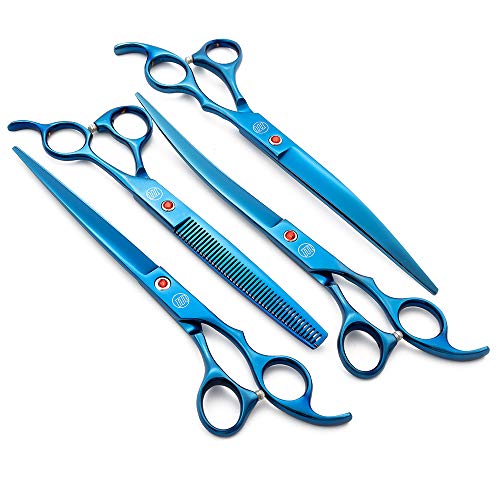 Moontay Professional 8.0" Dog Grooming Scissors Set, 4-pieces Straight, Upward Curved, Downward Curved, Thinning/Blending Shears for Dog, Cat and Pets, JP Stainless Steel, Blue