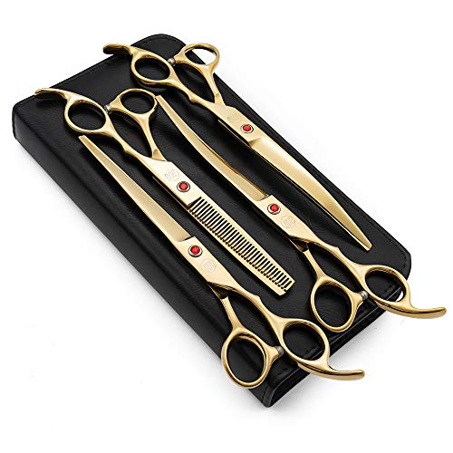 Moontay Professional 7.0" Dog Grooming Scissors Set, 4-pieces Straight, Upward Curved, Downward Curved, Thinning/Blending Shears for Dog, Cat and Pets, JP Stainless Steel, Gold