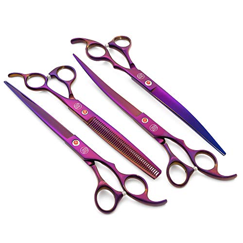 Moontay Professional 8.0" Dog Grooming Scissors Set, 4-pieces Straight, Upward Curved, Downward Curved, Thinning/Blending Shears for Dog, Cat and Pets, JP Stainless Steel, Purple
