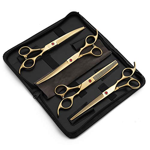 Moontay Professional 7.0" Dog Grooming Scissors Set, 4-pieces Straight, Upward Curved, Downward Curved, Thinning/Blending Shears for Dog, Cat and Pets, JP Stainless Steel, Gold