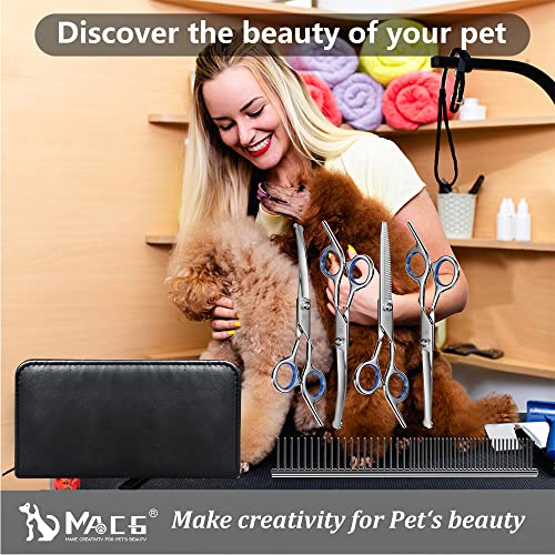 MAOCG Dog Grooming Scissors Set, Safety Round Blunt Tip Grooming Tools, Professional Curved,Thinning,Straight Scissors with Comb,nail cliper and nail file,Grooming Shears for Dogs and Cats.