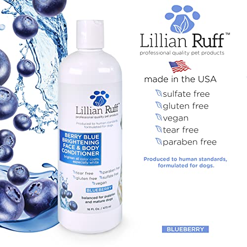 Lillian Ruff Berry Blue Brightening Face and Body Wash Shampoo & Conditioner Set for Dogs & Cats - Tear Free Blueberry Shampoo - Remove Tear Stains, Hydrate Dry Itchy Skin, Add Shine & Luster to Coats