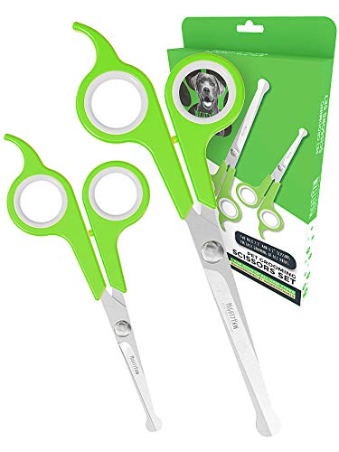 Mighty Paw Dog Grooming Scissors (2 Pack) | Professional Ergonomic Pet Grooming Scissors with Rounded Safety Tips & 2mm Sharp Stainless Steel Blades. for Body, Paw and Face Hair Trimming (Green)