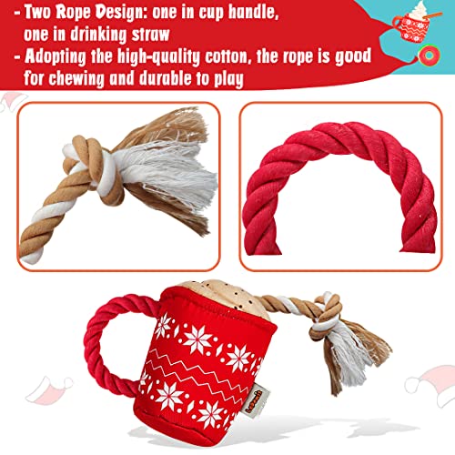 Lepawit 2Pack Christmas Dog Plush Squeaky Toy with Rope for Dogs Cute Coffee Cup & Donut Design, Interactive Stuffed Dog Rope Toy for Medium Large Dogs