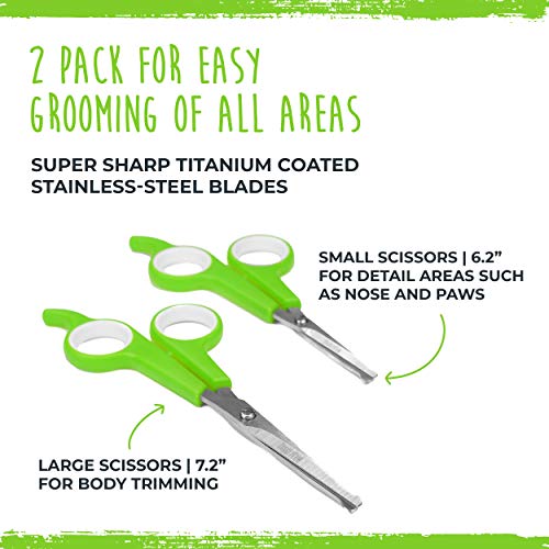 Mighty Paw Dog Grooming Scissors (2 Pack) | Professional Ergonomic Pet Grooming Scissors with Rounded Safety Tips & 2mm Sharp Stainless Steel Blades. for Body, Paw and Face Hair Trimming (Green)