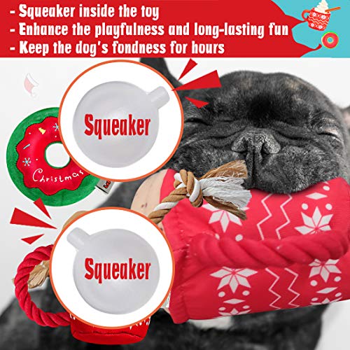 Lepawit 2Pack Christmas Dog Plush Squeaky Toy with Rope for Dogs Cute Coffee Cup & Donut Design, Interactive Stuffed Dog Rope Toy for Medium Large Dogs