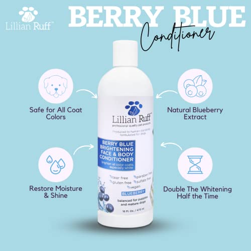 Lillian Ruff Berry Blue Brightening Face and Body Wash Shampoo & Conditioner Set for Dogs & Cats - Tear Free Blueberry Shampoo - Remove Tear Stains, Hydrate Dry Itchy Skin, Add Shine & Luster to Coats