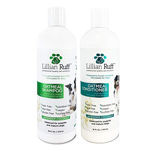 Lillian Ruff Oatmeal Dog Shampoo - Lavender Coconut Scent with Aloe - Deodorize and Soothe Dry Itchy Skin - Gentle Cleanser for Normal to Sensitive Skin (16oz Shampoo & Conditioner Set)
