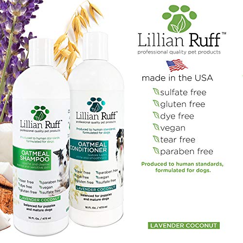 Lillian Ruff Oatmeal Dog Shampoo - Lavender Coconut Scent with Aloe - Deodorize and Soothe Dry Itchy Skin - Gentle Cleanser for Normal to Sensitive Skin (16oz Shampoo & Conditioner Set)
