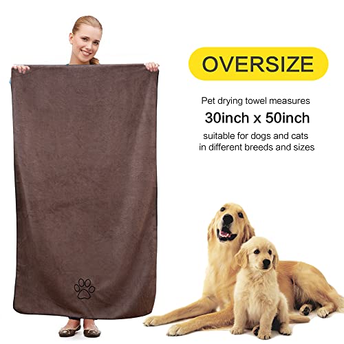 KinHwa Dog Towel Super Absorbent Pet Bath Towel Microfiber Dog Drying Towel for Small, Medium, Large Dogs and Cats 30inch x 50inch Brown