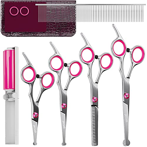 Jecudi Dog Grooming Scissors With Safety Round Tips, 7 In 1 Pet Grooming Scissors Set, Pet Cutting Scissors Kit With Thinning, Straight, Curved Shears & Comb, Lint roller, For Long Or Short Hair