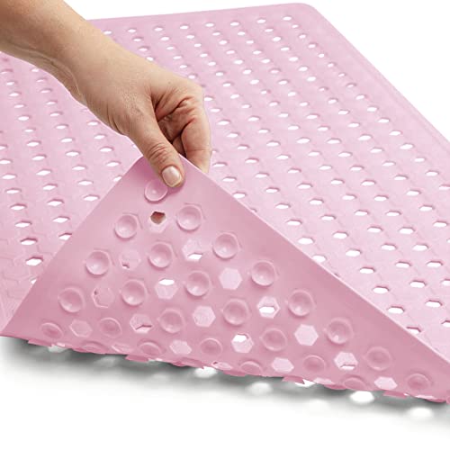 Gorilla Grip Patented Bath Tub and Shower Mat, 35x16, Machine Washable, Extra Large Bathtub Mats with Drain Holes and Suction Cups to Keep Floor Clean, Soft on Feet, Bathroom Accessories, Pink Opaque