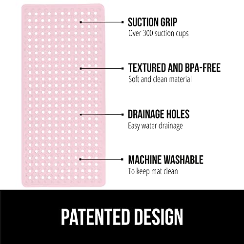 Gorilla Grip Patented Bath Tub and Shower Mat, 35x16, Machine Washable, Extra Large Bathtub Mats with Drain Holes and Suction Cups to Keep Floor Clean, Soft on Feet, Bathroom Accessories, Pink Opaque