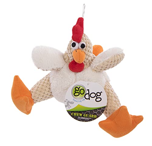 goDog Checkers Fat Rooster Squeaky Plush Dog Toy, Chew Guard Technology - White, Small