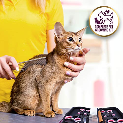 Jecudi Dog Grooming Scissors With Safety Round Tips, 7 In 1 Pet Grooming Scissors Set, Pet Cutting Scissors Kit With Thinning, Straight, Curved Shears & Comb, Lint roller, For Long Or Short Hair