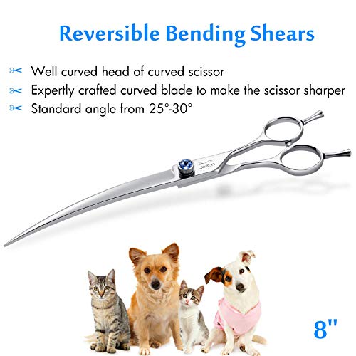 JASON 8" Curved Dog Grooming Scissors Ergonomic Pets Cats Trimming Shears with Offset Handle and a Jewelled Screw for Right Handed Groomers Long Sharp Comfortable Light-Weight