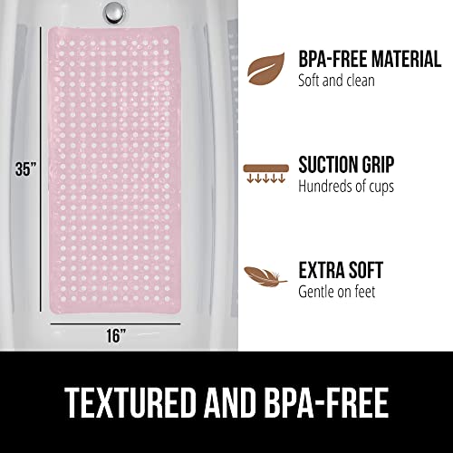 Gorilla Grip Patented Bath Tub and Shower Mat, 35x16, Machine Washable, Extra Large Bathtub Mats with Drain Holes and Suction Cups to Keep Floor Clean, Soft on Feet, Bathroom Accessories, Pink Opaque