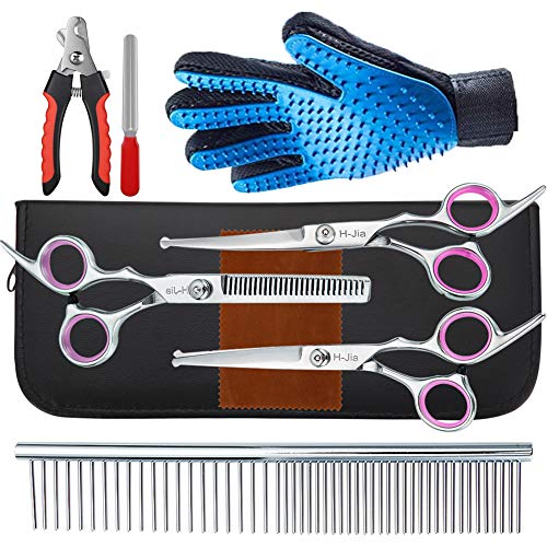 H-Jia Dog Grooming Scissors Set, Safety Round Blunt Tip Pet Grooming Kit-Straight, Curved, Thinning Shears with Comb Grooming Glove, Sharp Durable Grooming Tools for Large Small Dogs and Cats (7PCS)