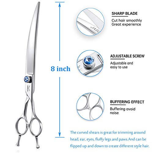 JASON 8" Curved Dog Grooming Scissors Ergonomic Pets Cats Trimming Shears with Offset Handle and a Jewelled Screw for Right Handed Groomers Long Sharp Comfortable Light-Weight